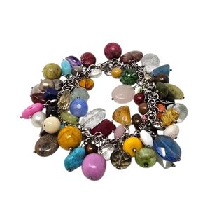 Vintage Handmade Bespoke Multi Stone Charm Bracelet Sterling Silver Chain